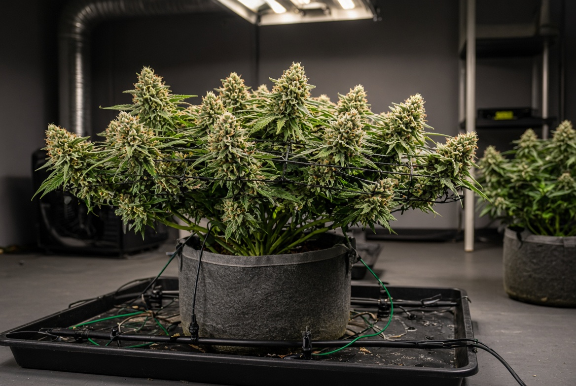 Cannabis plants under controlled light showing genetics and environment together